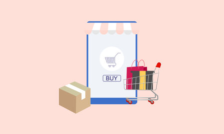 Smartphone with shop app. Shopping online on website in mobile applicationのイラスト素材