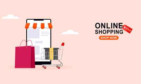 Smartphone with shop app. Shopping online on website in mobile applicationのイラスト素材