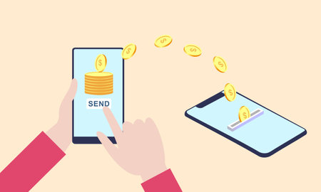 People sending and receiving money wireless with their mobile phones illustrationのイラスト素材