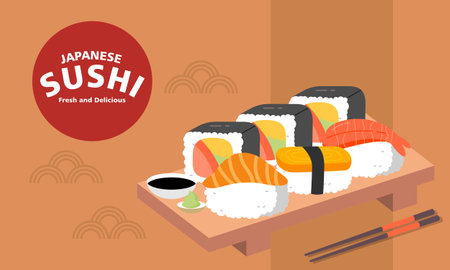 Vintage sushi poster design with vector sushi characterのイラスト素材