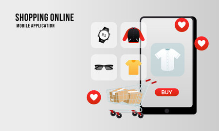 Shopping online on website in mobile application. Digital online marketing conceptのイラスト素材