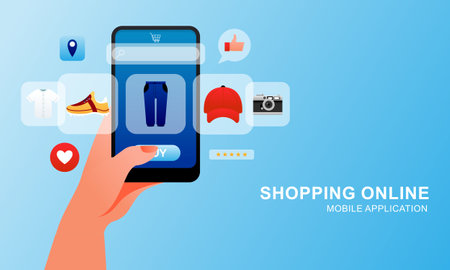 Shopping online on website in mobile application. Digital online marketing conceptのイラスト素材