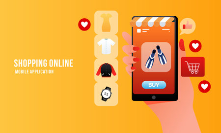 Shopping online on website in mobile application. Digital online marketing conceptのイラスト素材