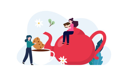 Tiny women drinking tea with cookie flat vector illustrationのイラスト素材