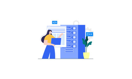 Network engineer concept. Specialist setting up, developing illustrationのイラスト素材