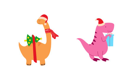 Christmas dinosaur cute design vector setのイラスト素材