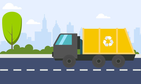 Garbage truck on the road with park backgroundのイラスト素材