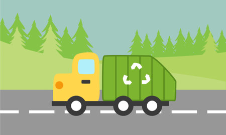 Garbage truck on the road with park backgroundのイラスト素材