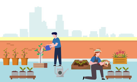 People gardener farmer together arrangement green roof illustrationのイラスト素材