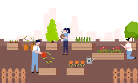 People gardener farmer together arrangement green roof illustrationのイラスト素材