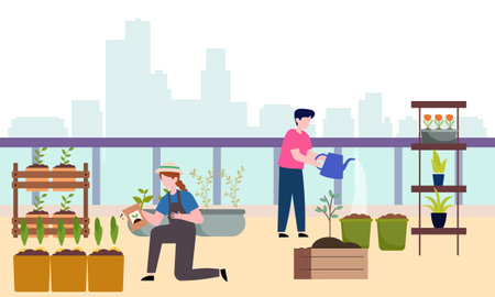 People gardener farmer together arrangement green roof illustrationのイラスト素材