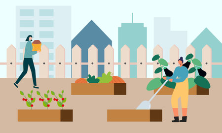 People gardener farmer together arrangement green roof illustrationのイラスト素材