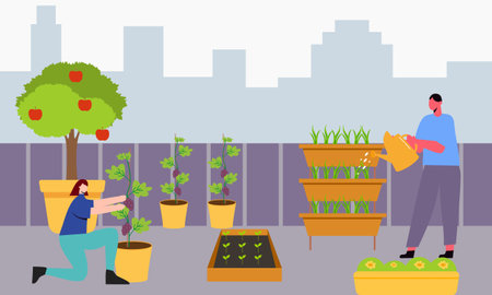 People gardener farmer together arrangement green roof illustrationのイラスト素材