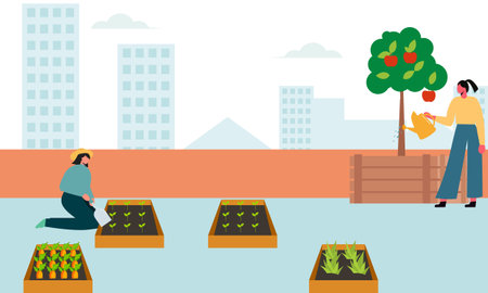 People gardener farmer together arrangement green roof illustrationのイラスト素材