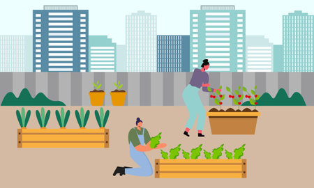 People gardener farmer together arrangement green roof illustrationのイラスト素材