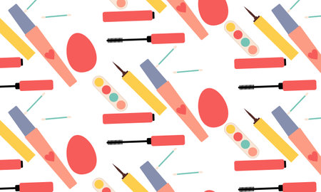 Seamless pattern with cosmetics, beauty accessories, hearts and smiles vectorのイラスト素材