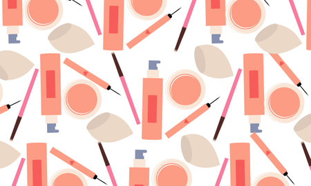Seamless pattern with cosmetics, beauty accessories, hearts and smiles vectorのイラスト素材