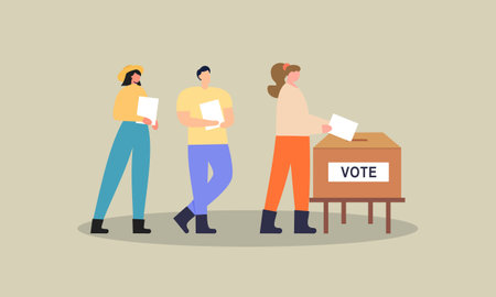 Polling place flat vector illustration. Voters persons casting ballots putting papers with vote intoのイラスト素材