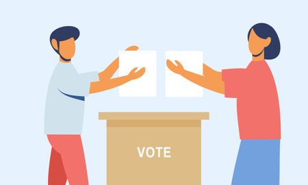 Polling place flat vector illustration. Voters persons casting ballots putting papers with vote intoのイラスト素材