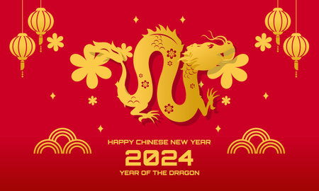 2024 Chinese new year, year of the dragon banner template design with dragons, clouds and flowers baのイラスト素材