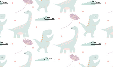 Seamless pattern with cute dinosaur vectorのイラスト素材