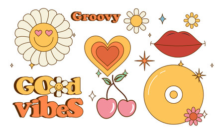 Sticker pack groovy hippie 70s set. Trendy retro psychedelic cartoon styleのイラスト素材