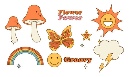 Sticker pack groovy hippie 70s set. Trendy retro psychedelic cartoon styleのイラスト素材