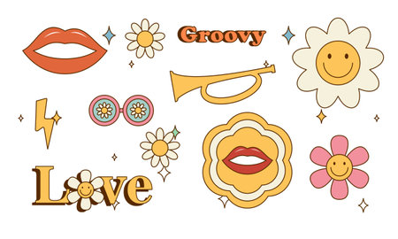 Sticker pack groovy hippie 70s set. Trendy retro psychedelic cartoon styleのイラスト素材