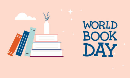 World book day illustration with books and objects related to readingのイラスト素材