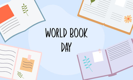 World book day illustration with books and objects related to readingのイラスト素材