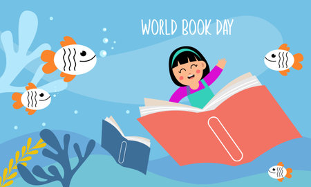 World book day illustration with books and objects related to readingのイラスト素材