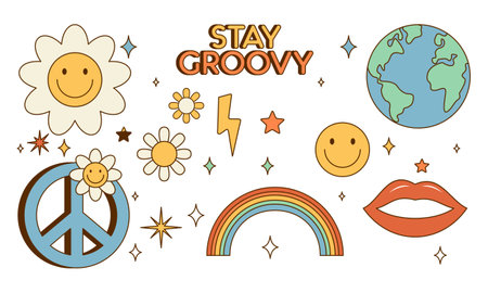 Sticker pack groovy hippie 70s set. Trendy retro psychedelic cartoon styleのイラスト素材