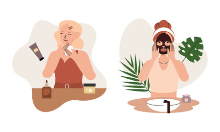 Women enjoy skin care routine at home illustrationのイラスト素材