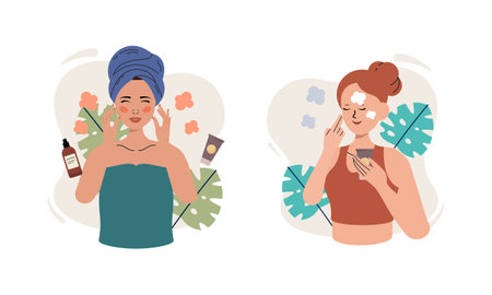 Women enjoy skin care routine at home illustrationのイラスト素材