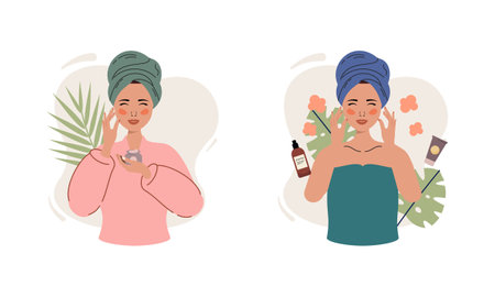 Women enjoy skin care routine at home illustrationのイラスト素材