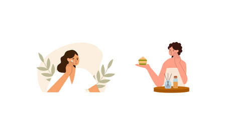 Women enjoy skin care routine at home illustrationのイラスト素材
