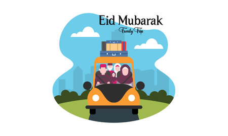Muslim Family In Car Trip to Hometown during Eid Mubarak Celebrationのイラスト素材