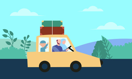 Muslim Family In Car Trip to Hometown during Eid Mubarak Celebrationのイラスト素材