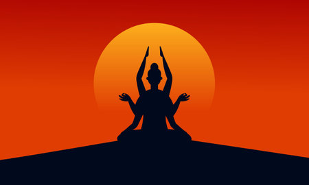 Yoga Day meditation parvastasna pose banner against pink lotus petals with beautiful gradient vectorのイラスト素材