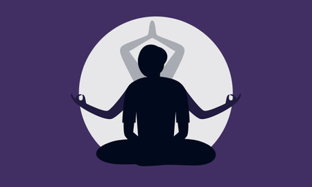 Yoga Day meditation parvastasna pose banner against pink lotus petals with beautiful gradient vectorのイラスト素材