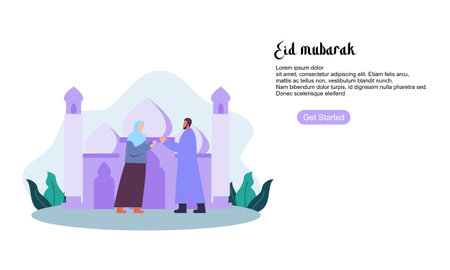 Happy eid mubarak or ramadan greeting with people characterのイラスト素材