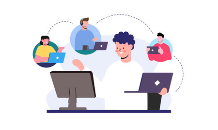 Freelance developer looking at the monitor and talking with colleagues in video conferenceのイラスト素材