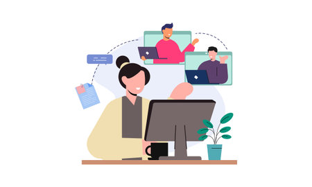 Freelance developer looking at the monitor and talking with colleagues in video conferenceのイラスト素材