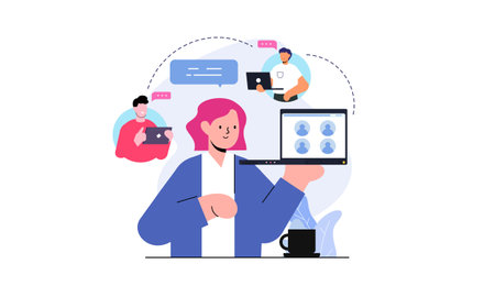 Freelance developer looking at the monitor and talking with colleagues in video conferenceのイラスト素材