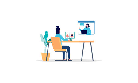 Freelance developer looking at the monitor and talking with colleagues in video conferenceのイラスト素材