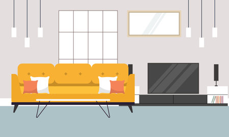Living room with furniture. Cozy interior with sofa and tvのイラスト素材
