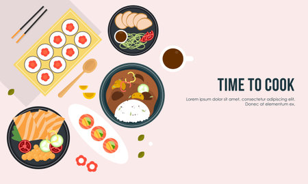 Dining table with dishes in top view. Restaurant asian cuisineのイラスト素材