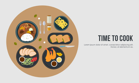 Dining table with dishes in top view. Restaurant asian cuisineのイラスト素材