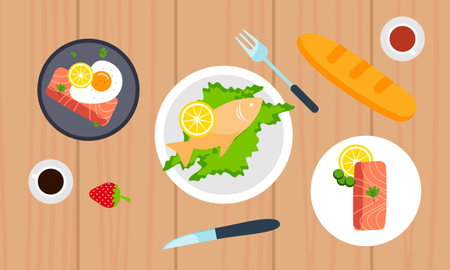 Dining table with dishes in top view. Restaurant asian cuisineのイラスト素材