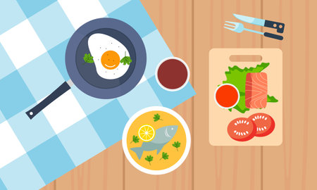 Dining table with dishes in top view. Restaurant asian cuisineのイラスト素材